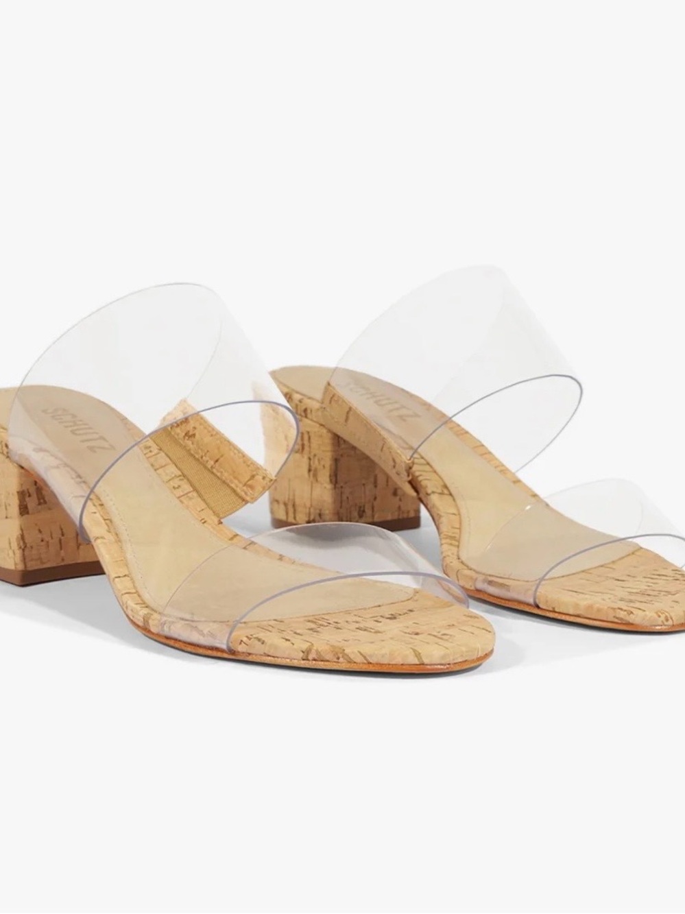 SCHUTZ Victorie Clear PVC Double-Strap Cork Block Heel Sandals NEW size 8